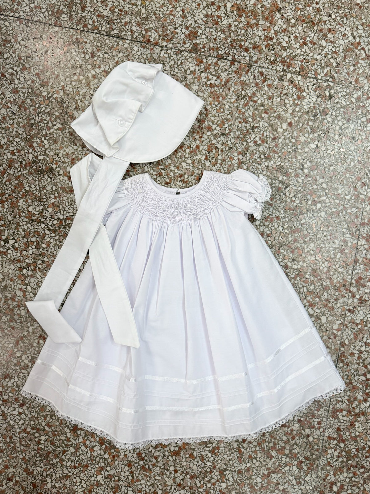 White Smocked with Lace Trim