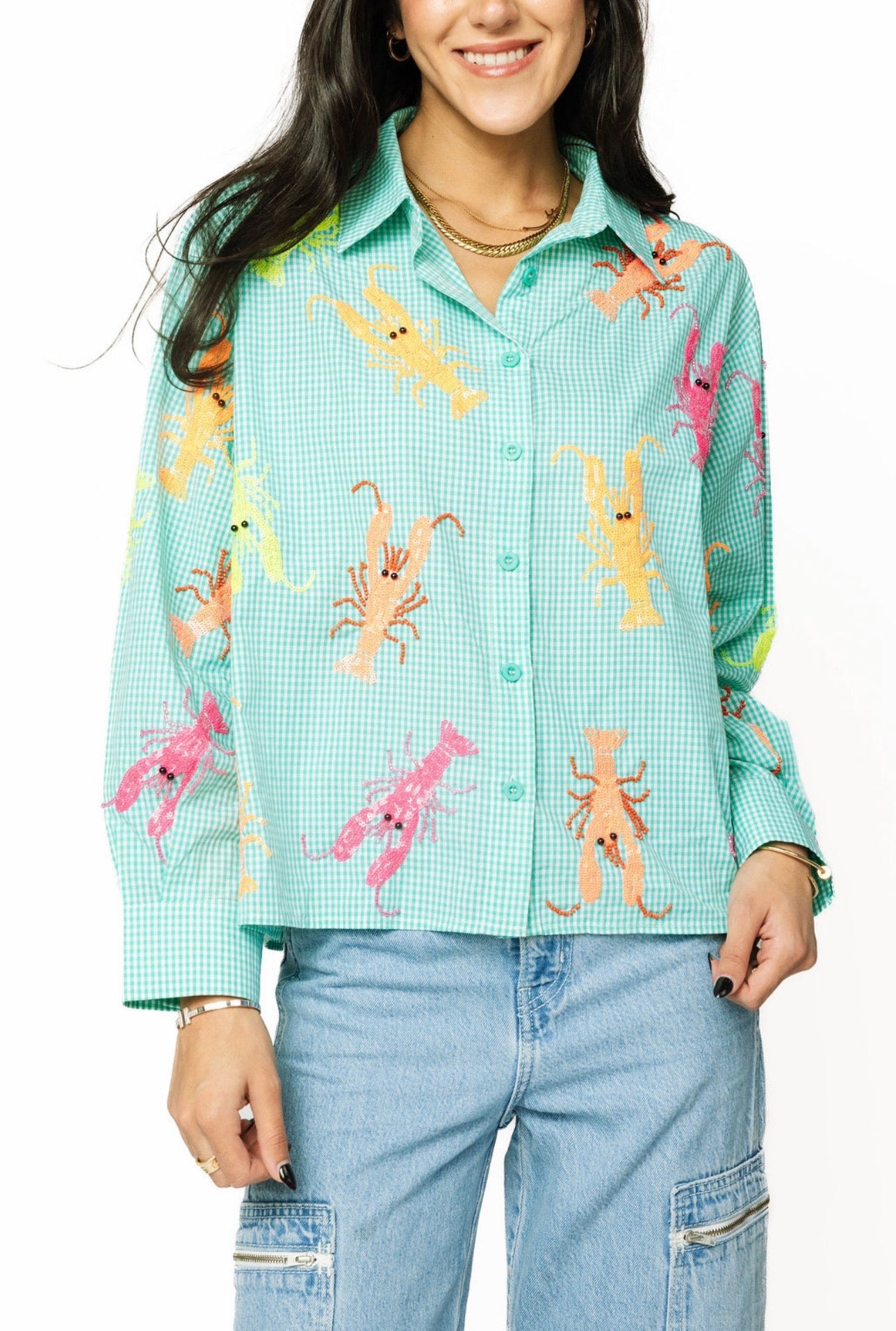 Queen of Sparkles Gingham Neon Crawfish Button Up Top