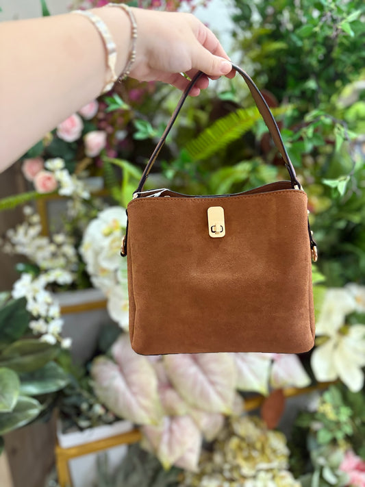 Allison Faux Suede Satchel in Brown