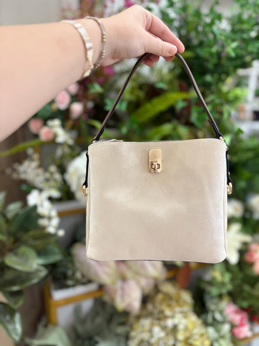 Allison Faux Suede Satchel in Off White/Brown