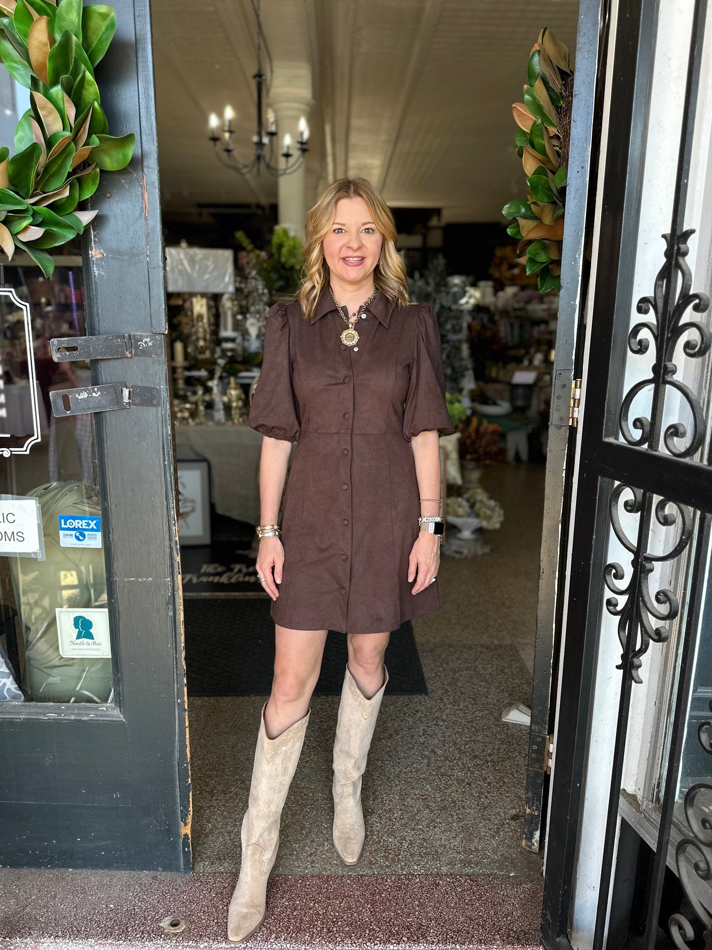 Faux Suede Puff Sleeve Dress