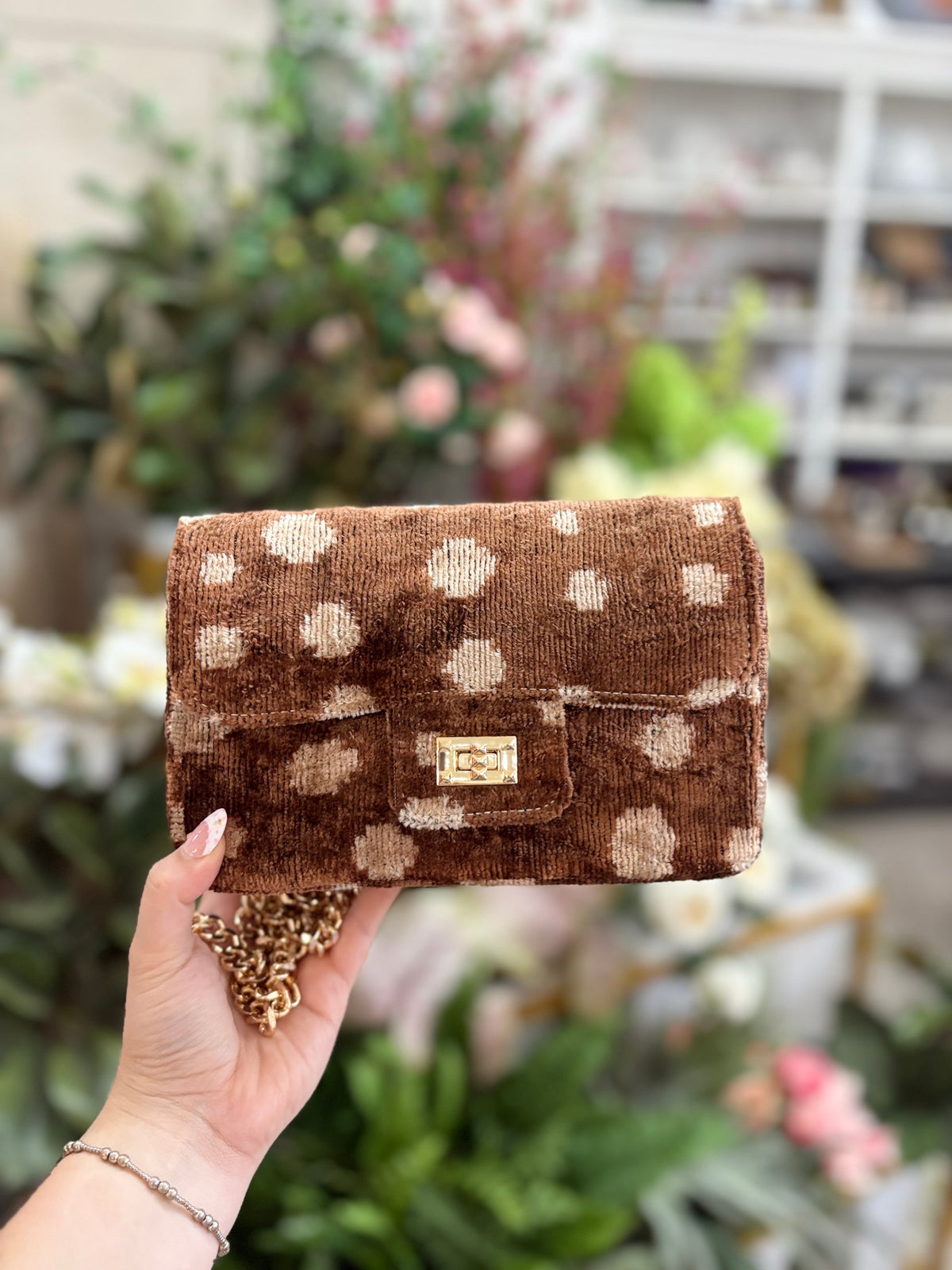 Glenda Gies Brown Velvet Crossbody with Cream Polka Dots
