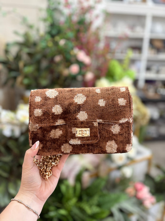 Glenda Gies Brown Velvet Crossbody with Cream Polka Dots