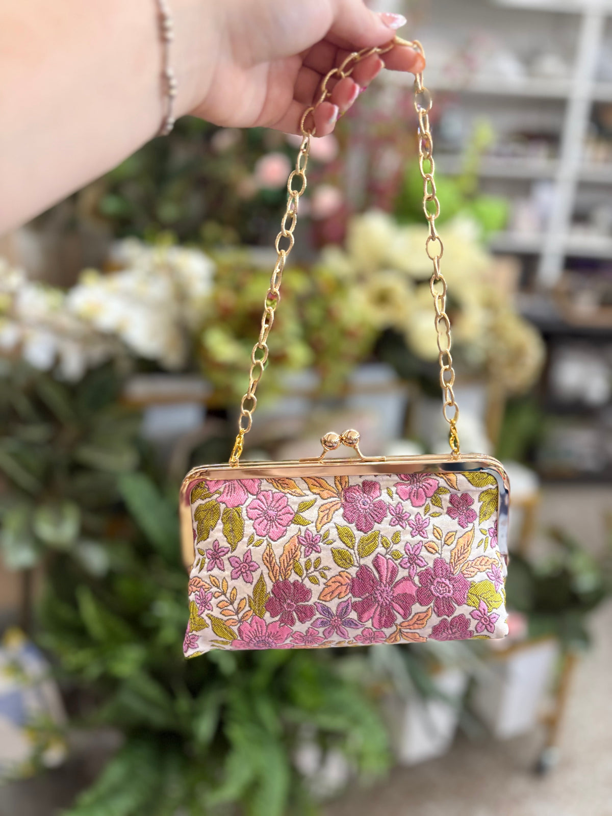 Glenda Gies Purple Floral Kiss Lock Bag