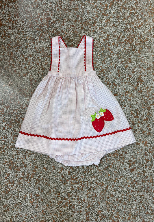 Sleeveless Red Polka Dot with Strawberry Appliqué and Ric Rac Trim