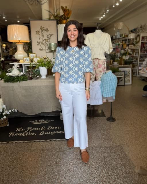 Blue Embroidered Puff Sleeve Top