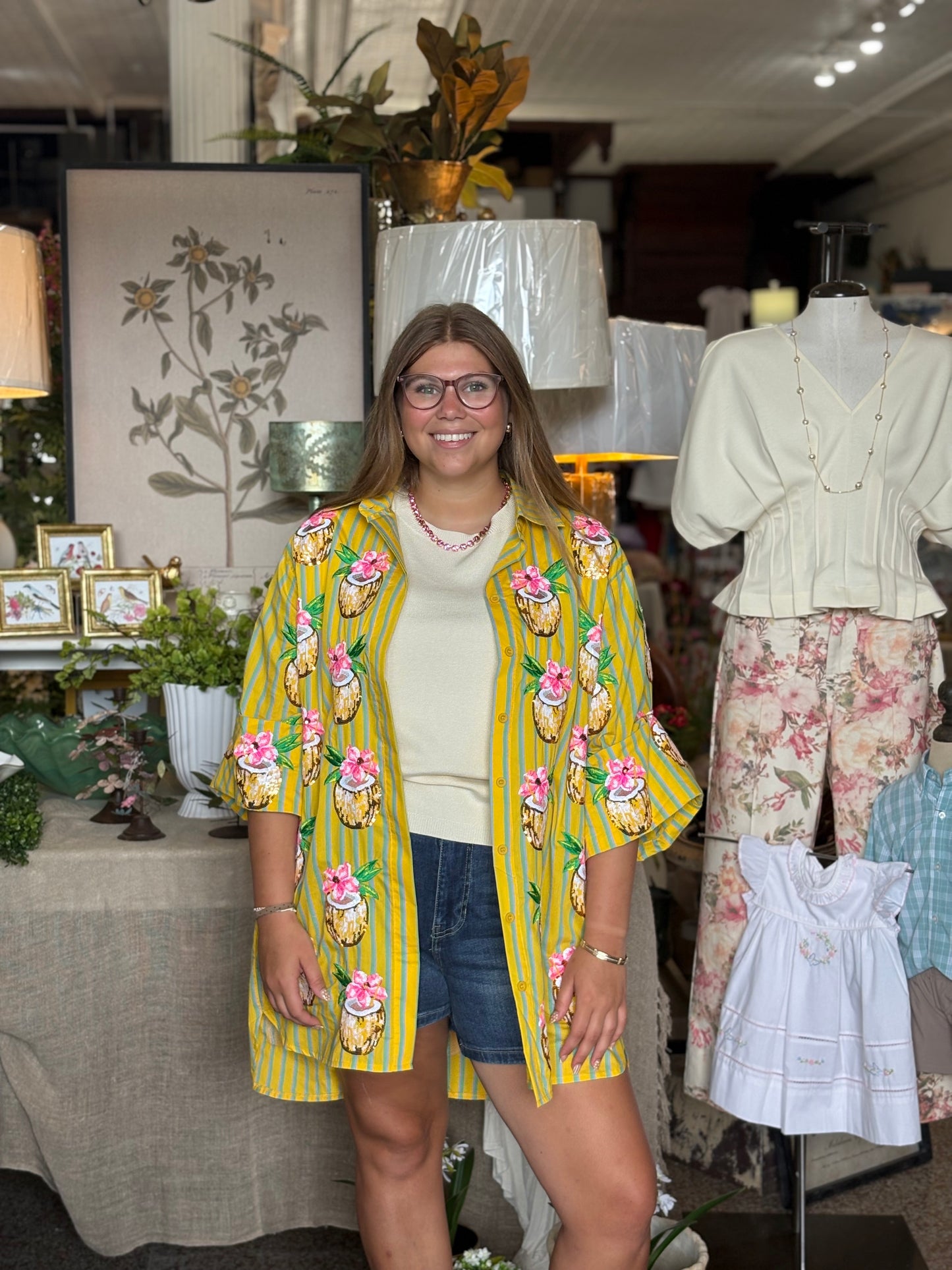 Queen of Sparkles Yellow Striped Coconut Drink Button Up Cotton Tunic