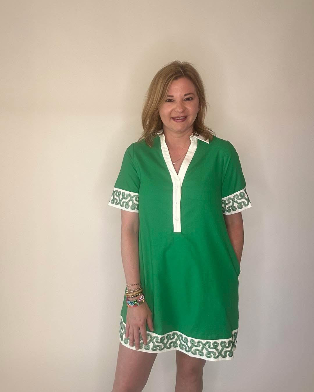 Green and White Embroidered Dress