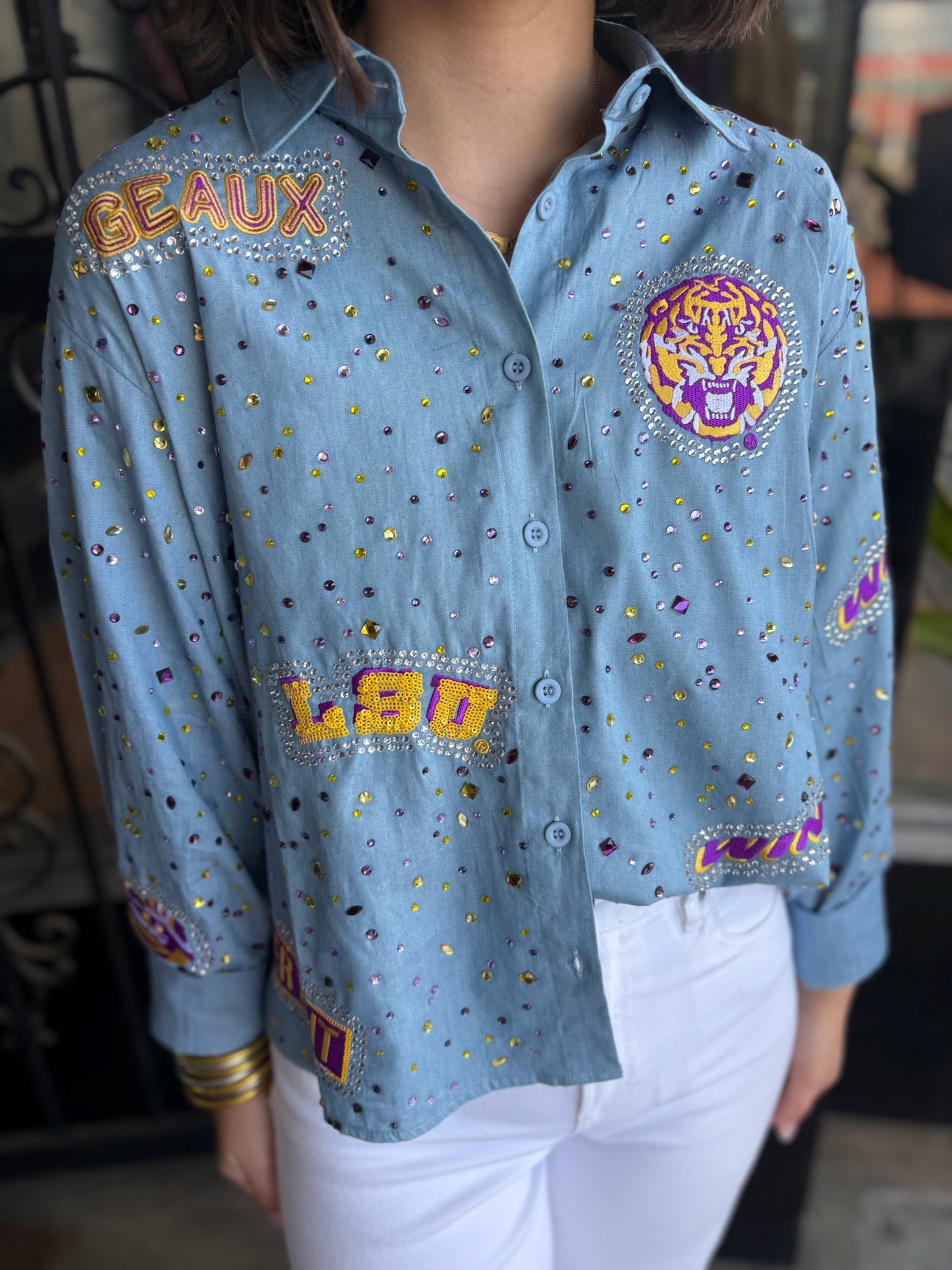 Queen of Sparkles Licensed LSU Denim Multi Rhinestone Scattered Logo Button Up Long Sleeve Top