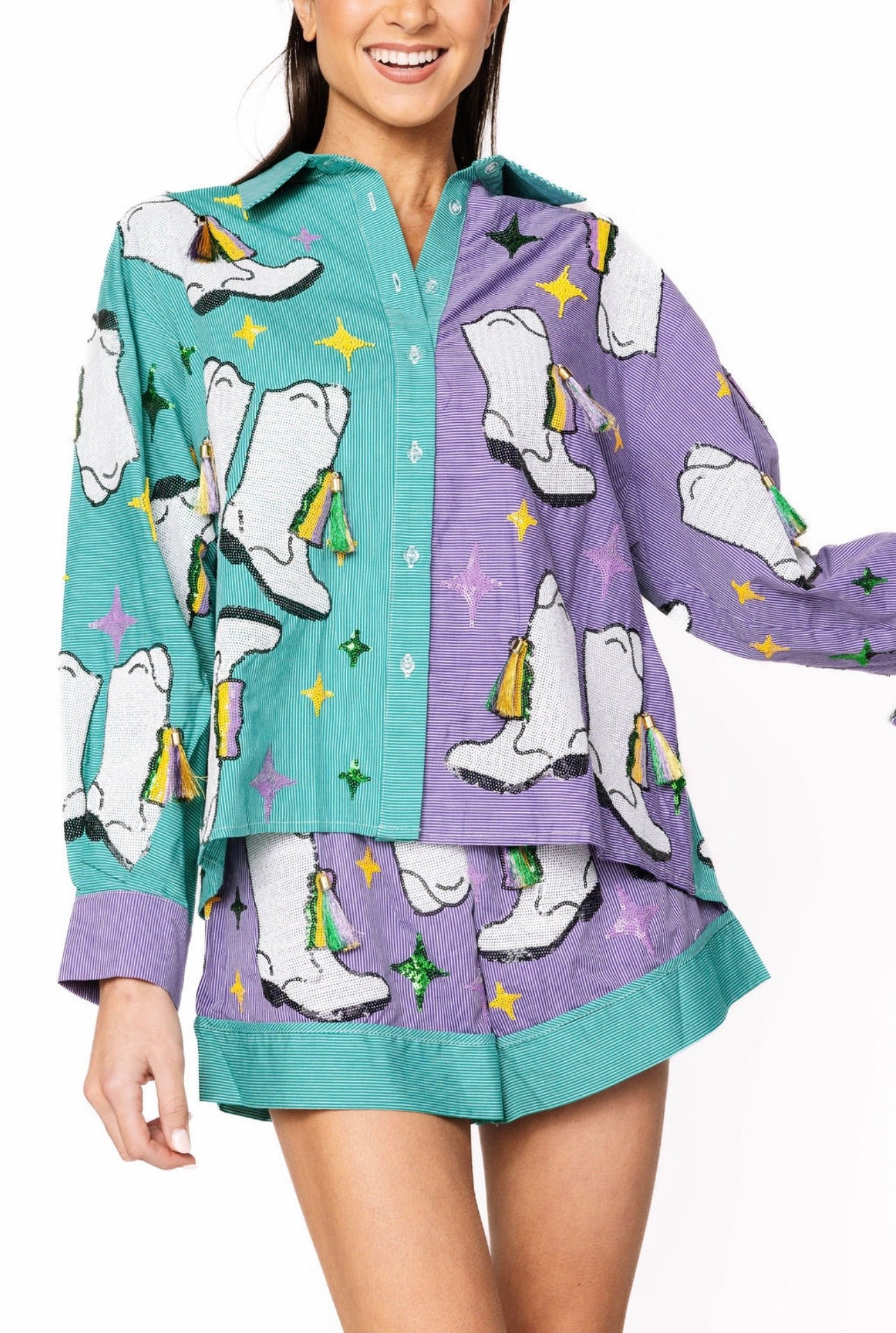 Queen of Sparkles Green & Purple Stripe Colorblock Mardi Gras Boot Button Up Collar Top