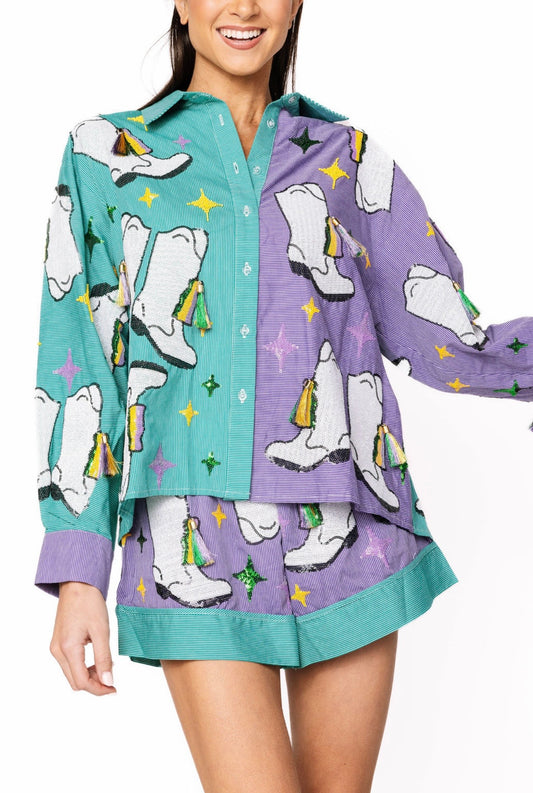 Queen of Sparkles Green & Purple Stripe Colorblock Mardi Gras Boot Button Up Collar Top