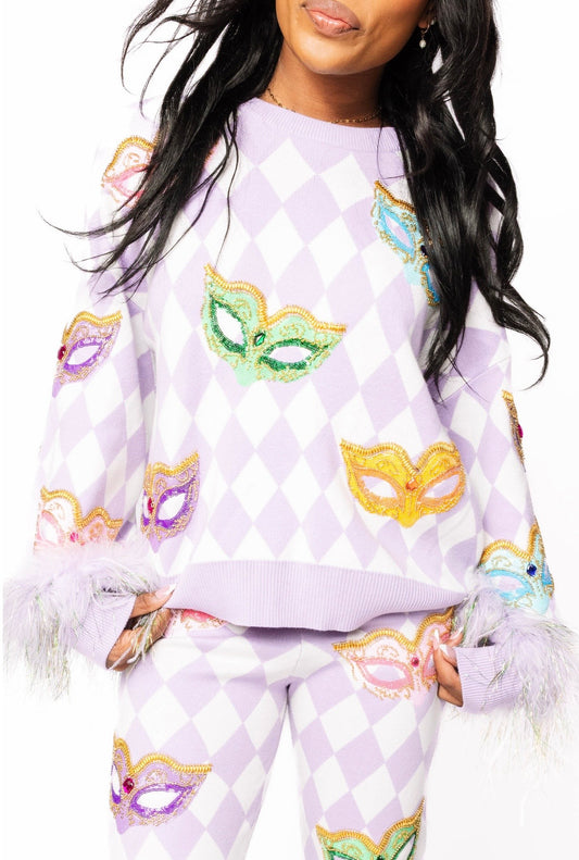 Queen of Sparkles Lavender & White Diamond Print Multi Mask Feather Sleeve Sweater