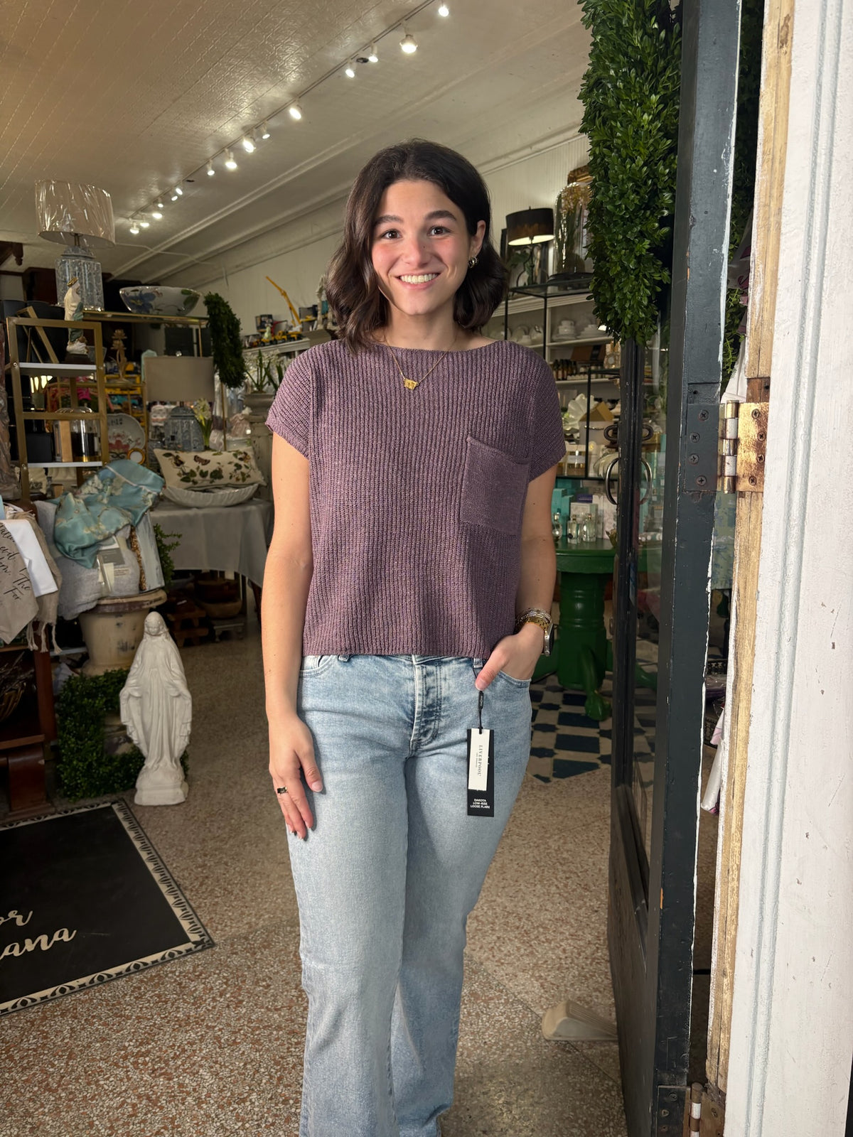 Ribbed Knit Short Sleeve Sweater With Pocket
