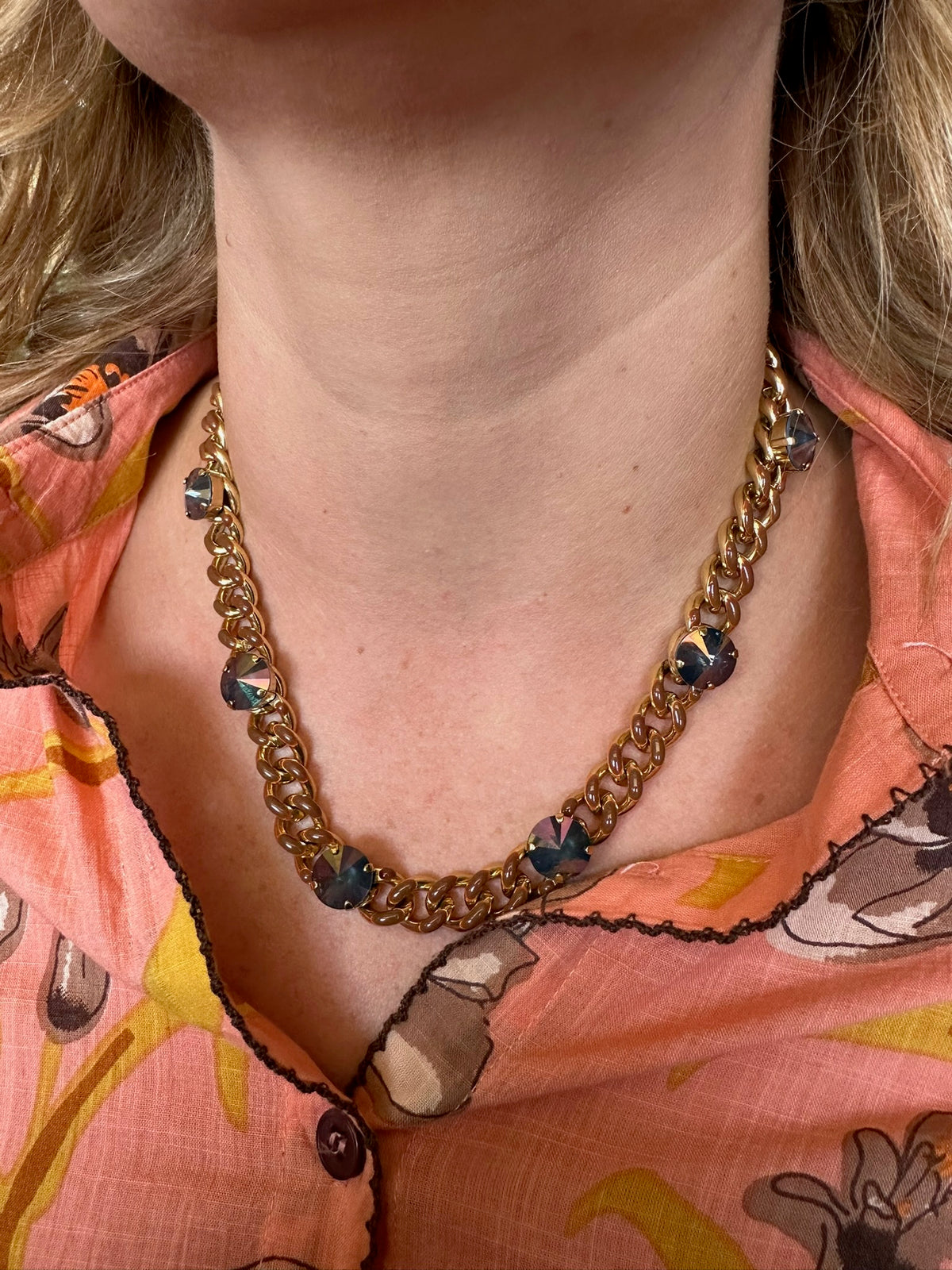Gold Plated Brass Chain Necklace With Midnight Stones