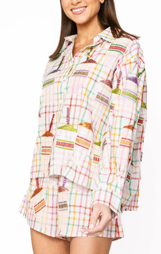 Queen of Sparkles Rainbow Plaid Daiquiri Cotton Button Up Long Sleeve Top