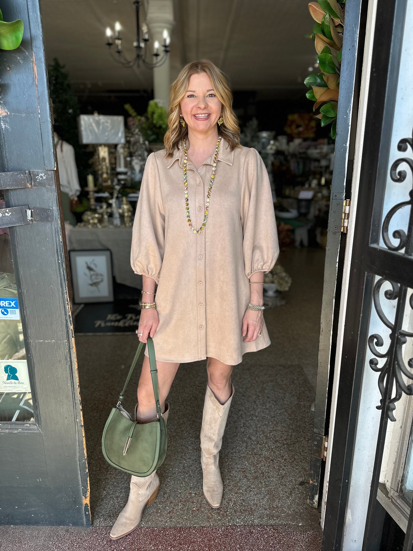 Faux Suede Exaggerated Sleeve Dress