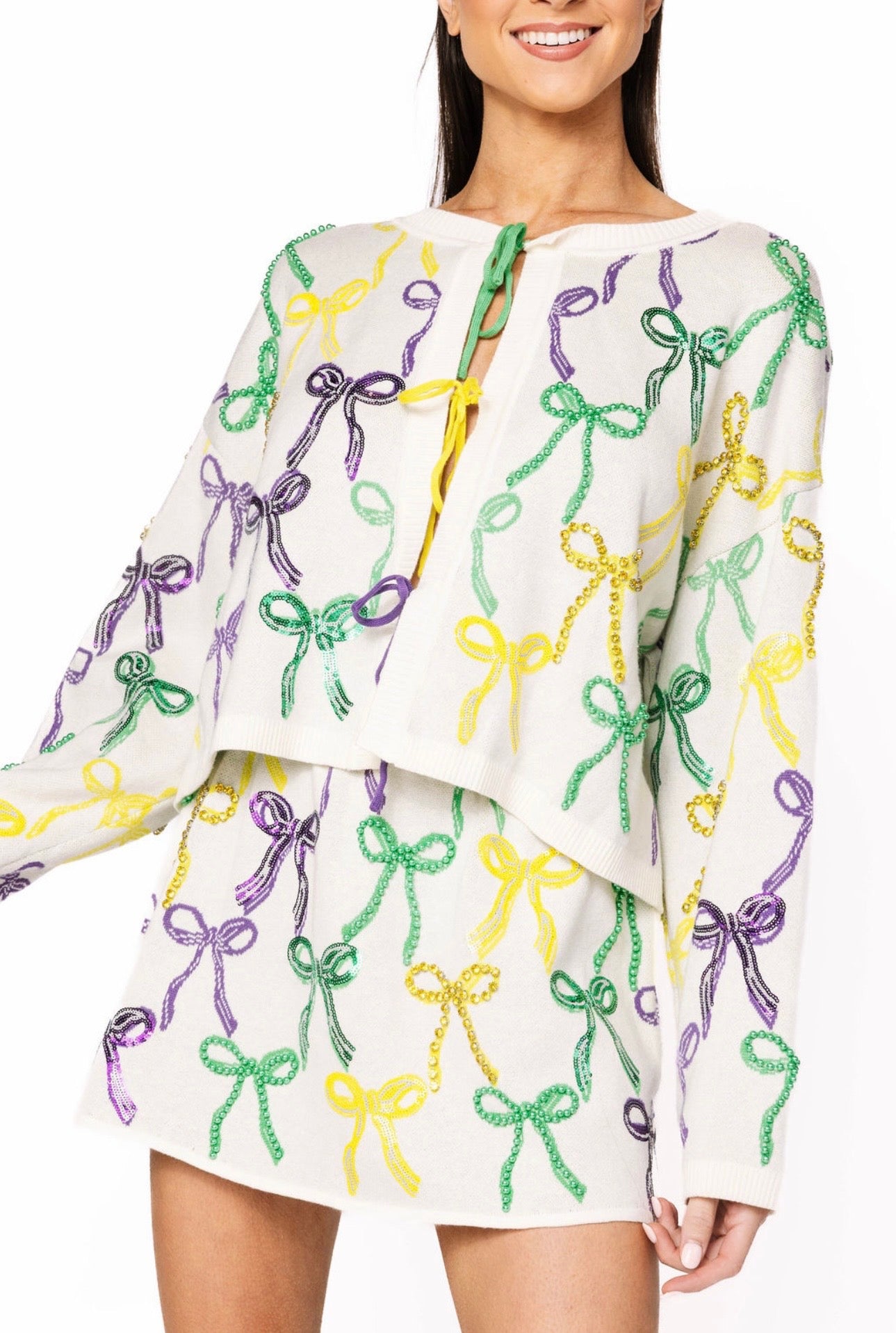Queen of Sparkles White Mardi Gras Bow Tie Up Sweater