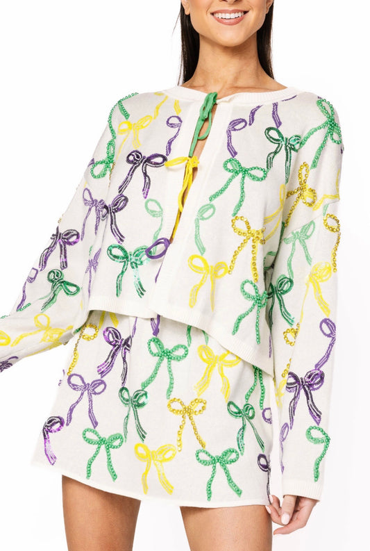 Queen of Sparkles White Mardi Gras Bow Tie Up Sweater