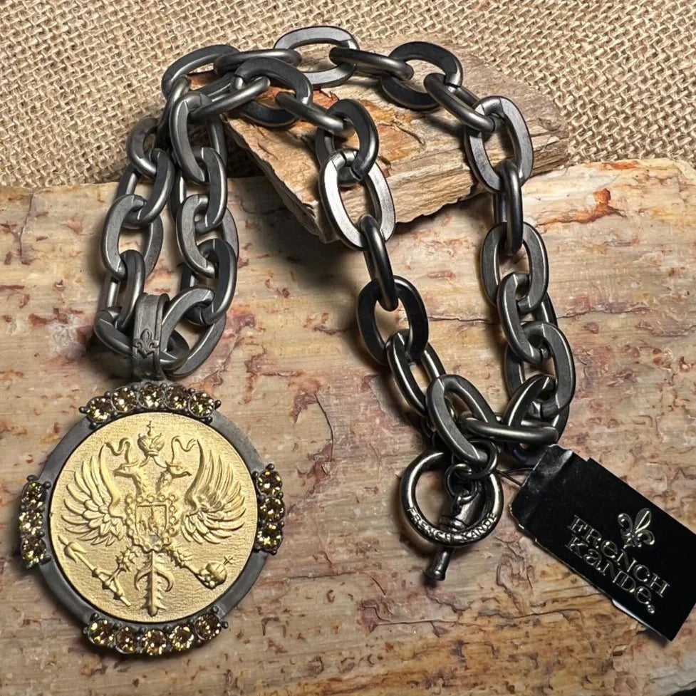 French Kande Graphite Lourdes Chain with Canard Medallion and Austrian Crystal Necklace
