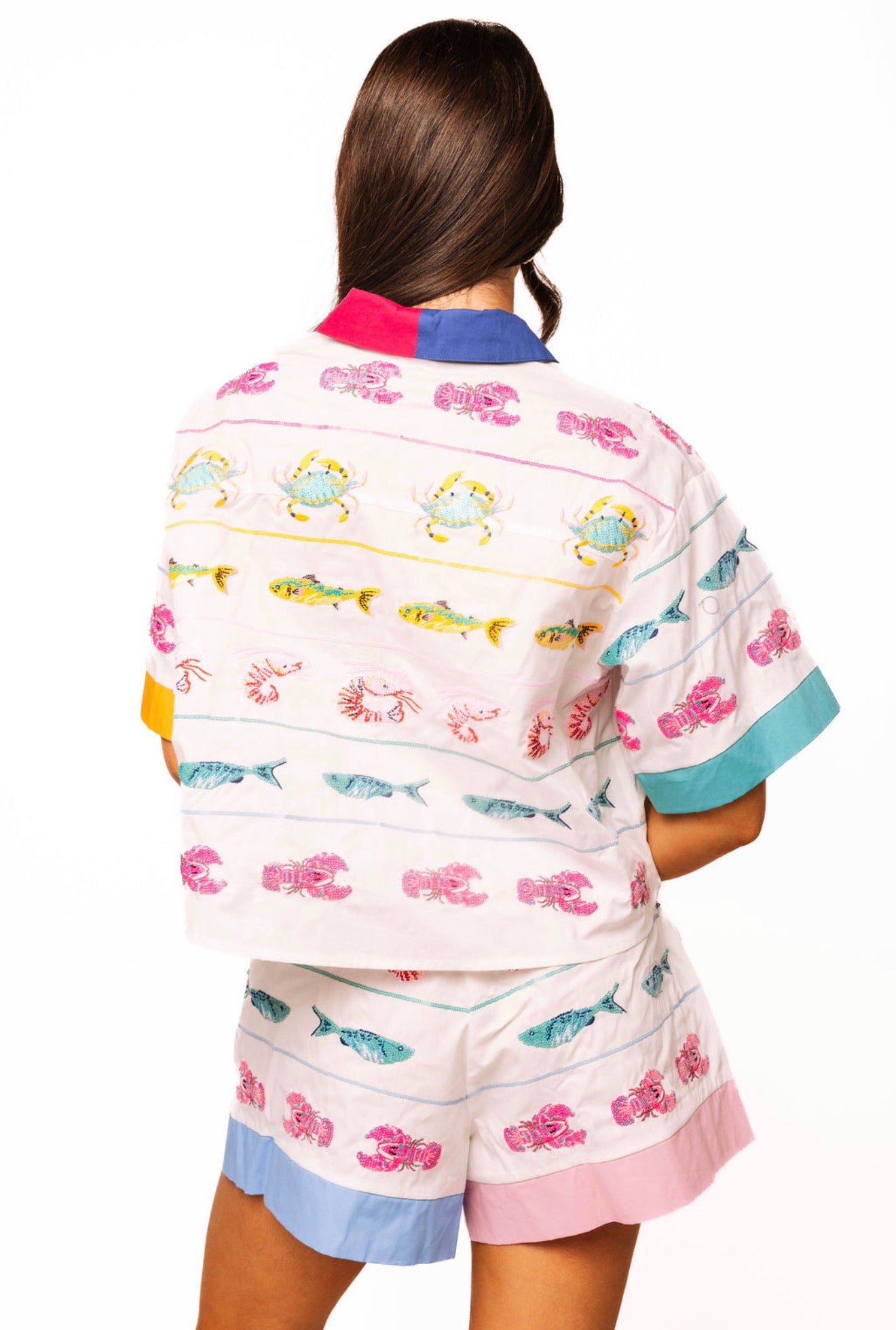 Queen of Sparkles White Multi Trim Seafood Stripe Cotton Top