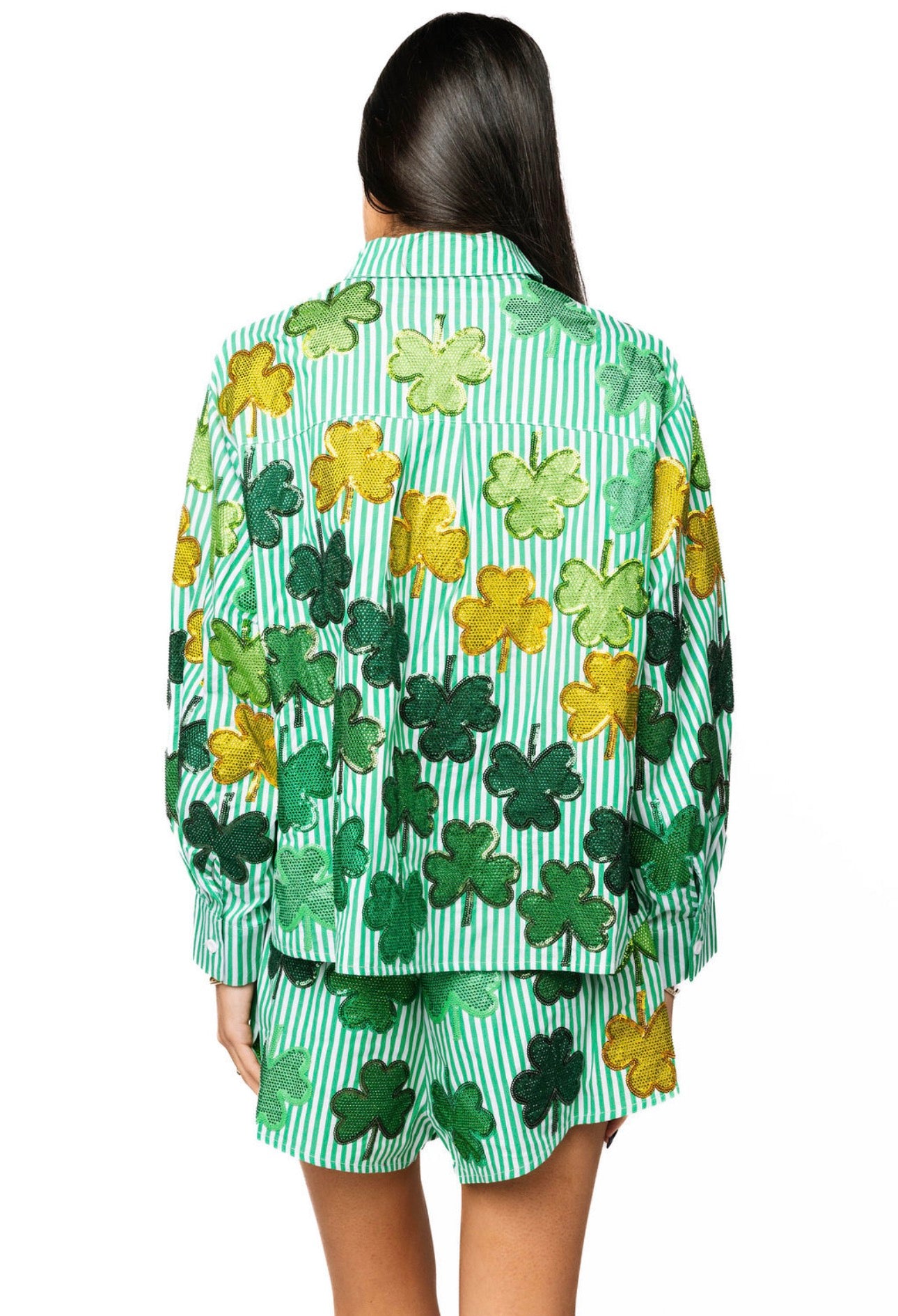 Queen of Sparkles Green & White Striped Rhinestone Shamrock Button Up Long Sleeve Top