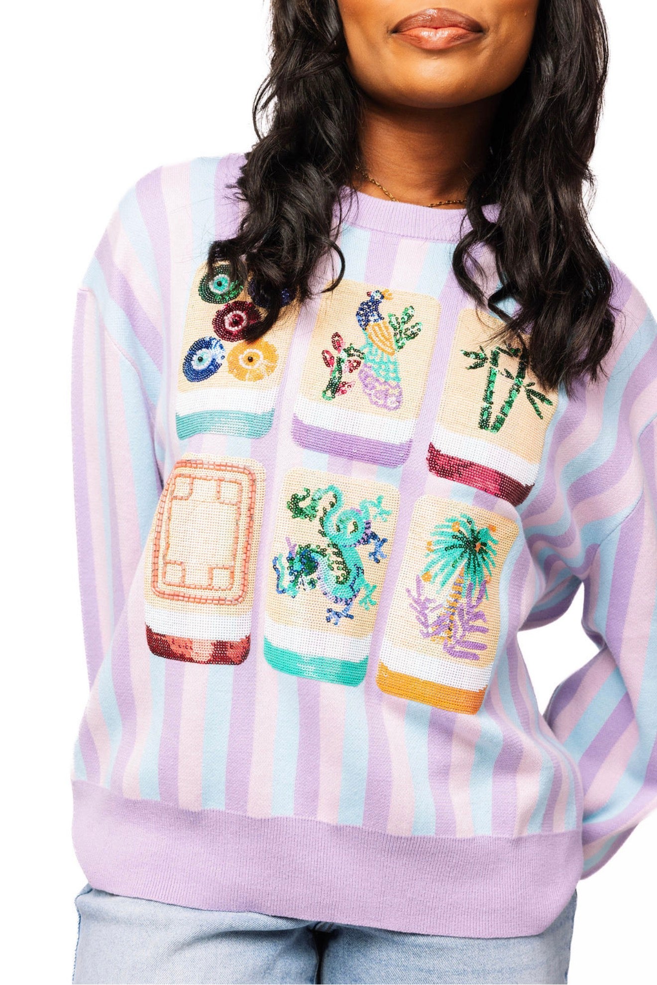 Queen of Sparkles Lavender, Blue & Pink Stripe Mahjong Tile Sweater