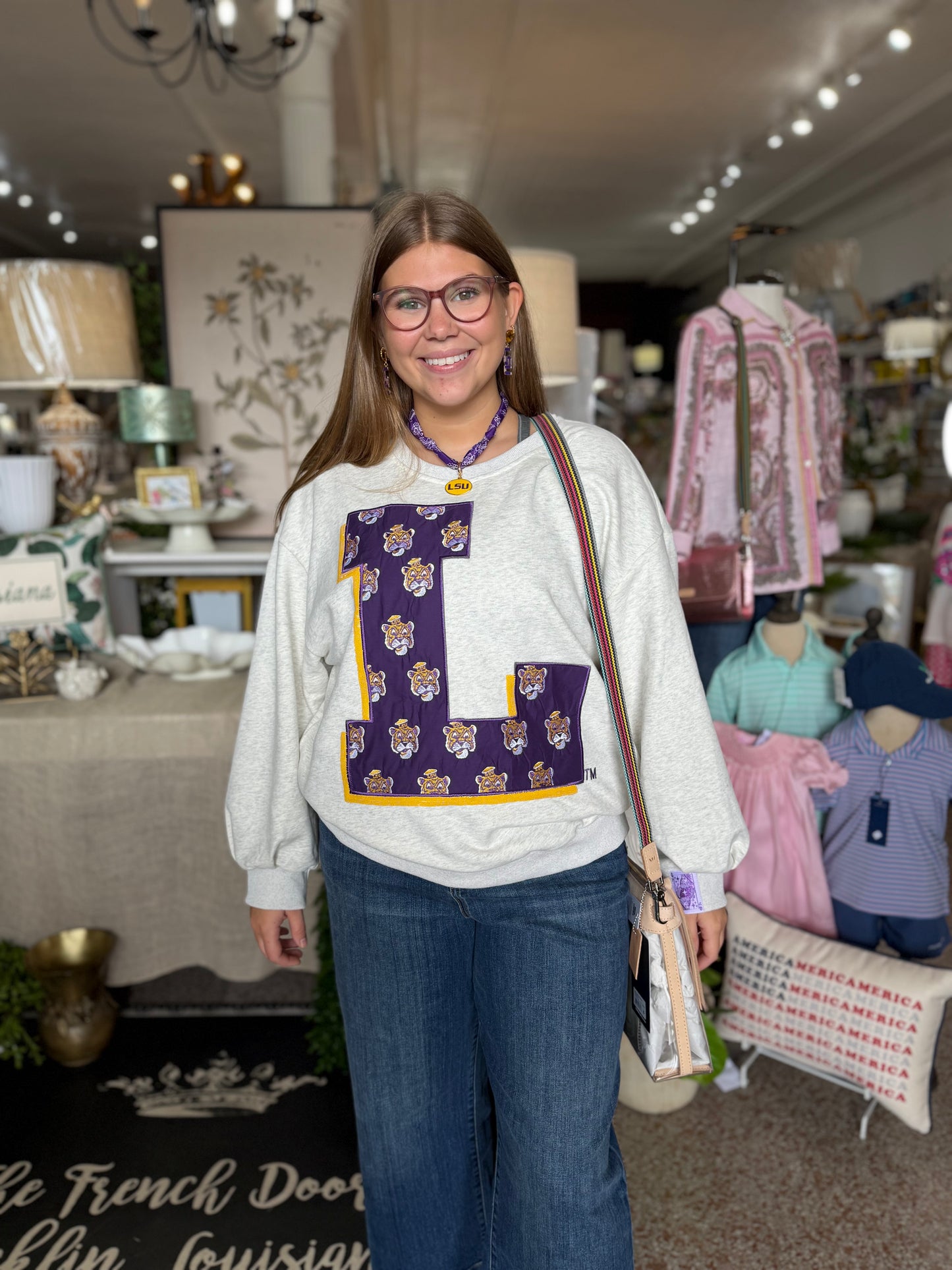 Queen of Sparkles Licensed LSU Oversized Printed Mascot Letter Sweatshirt