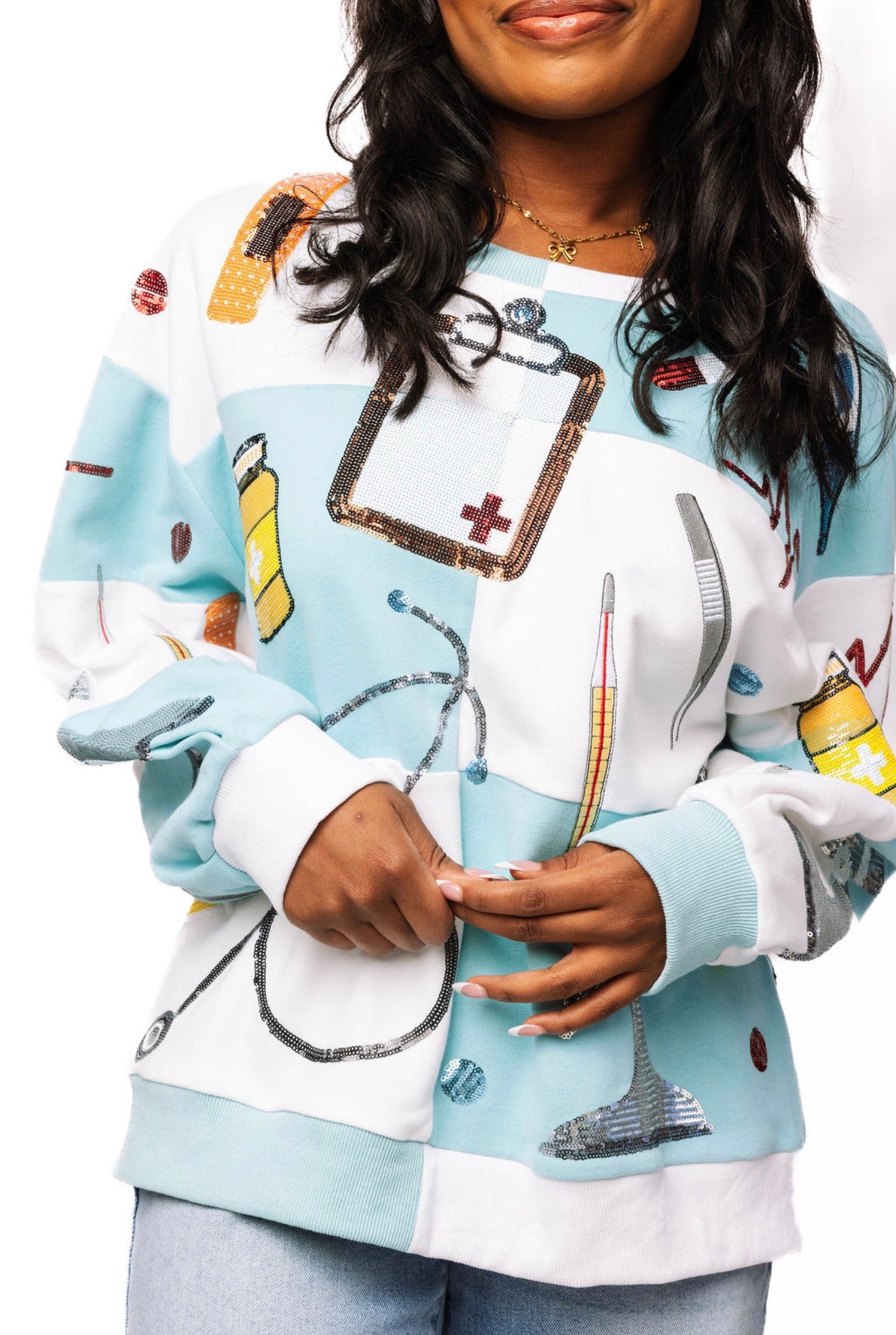 Queen of Sparkles Light Blue & White Checkered Medical Instrument Icon Sweatshirt