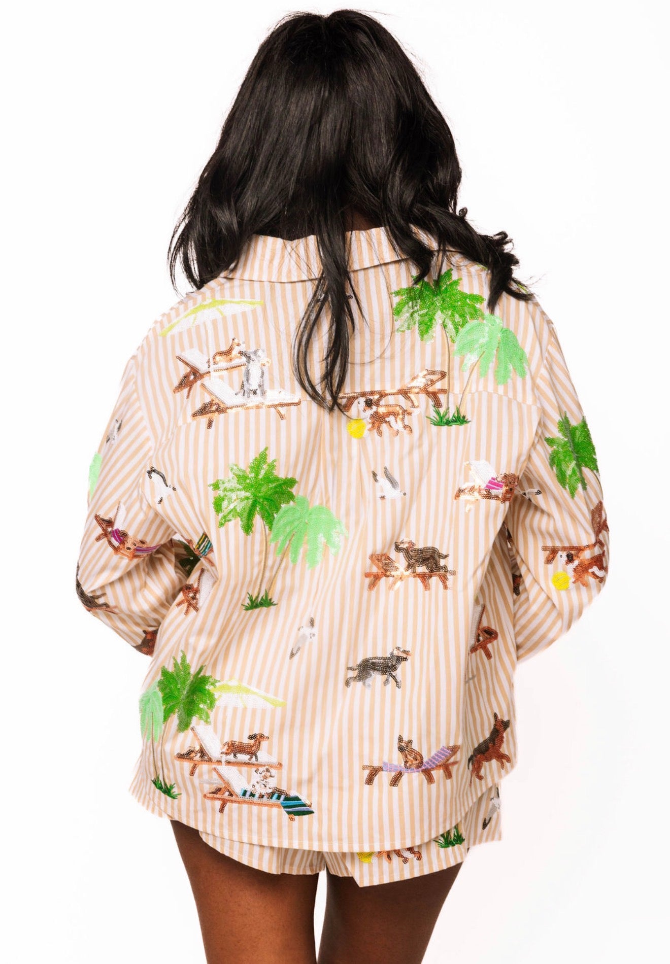 Queen of Sparkles Stripe Dogs Sunbathing Button Up Cotton Top