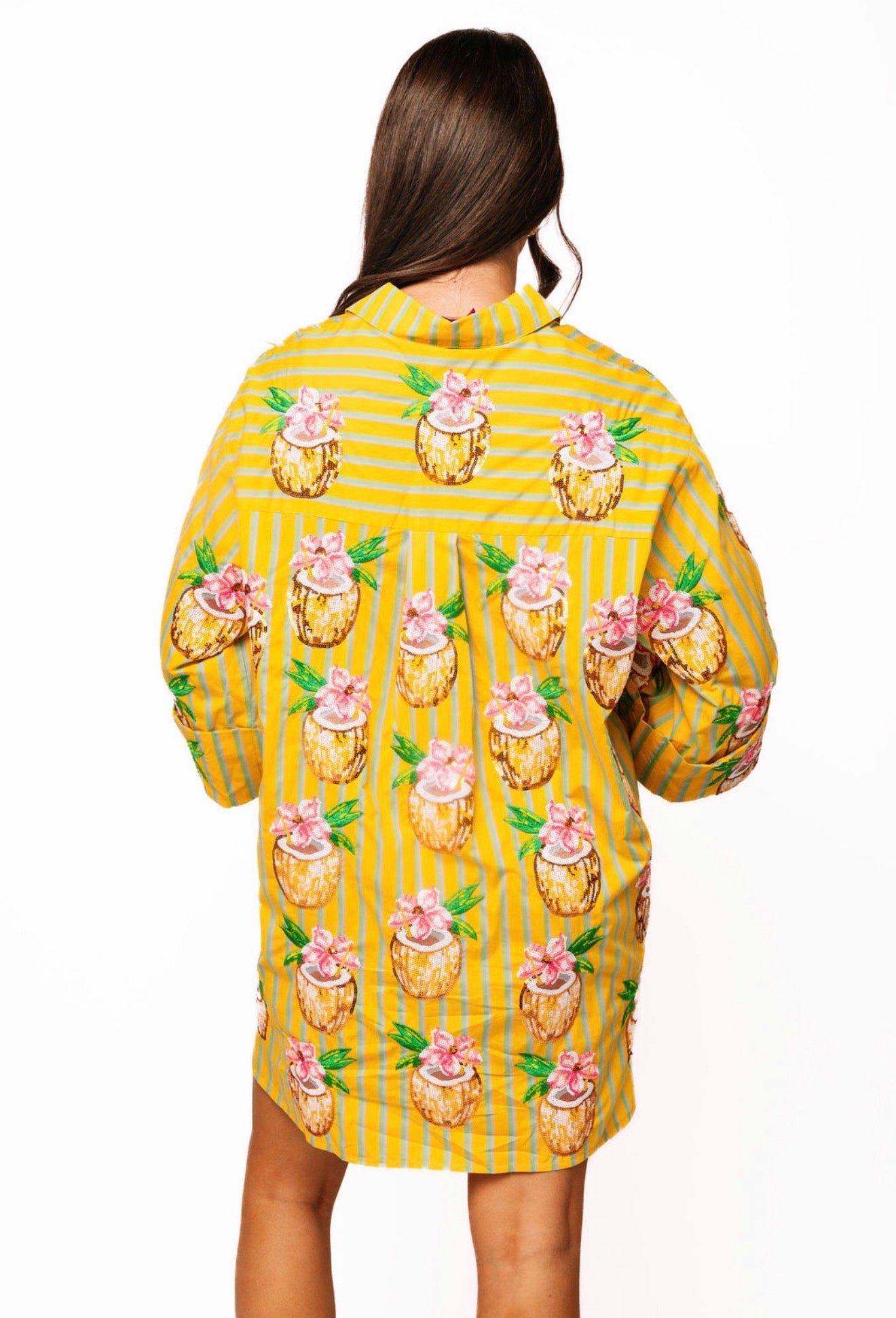 Queen of Sparkles Yellow Striped Coconut Drink Button Up Cotton Tunic