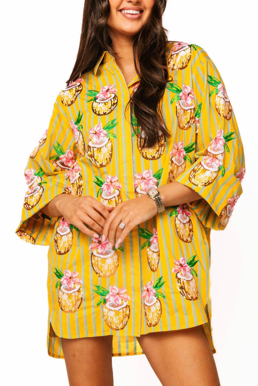 Queen of Sparkles Yellow Striped Coconut Drink Button Up Cotton Tunic