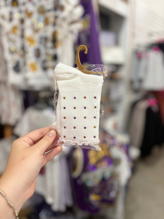 White Ruffle Socks With Purple and Gold Rhinestones