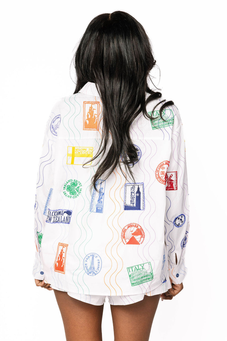 Queen of Sparkles White Multi Passport Stamp Button Up Cotton Top