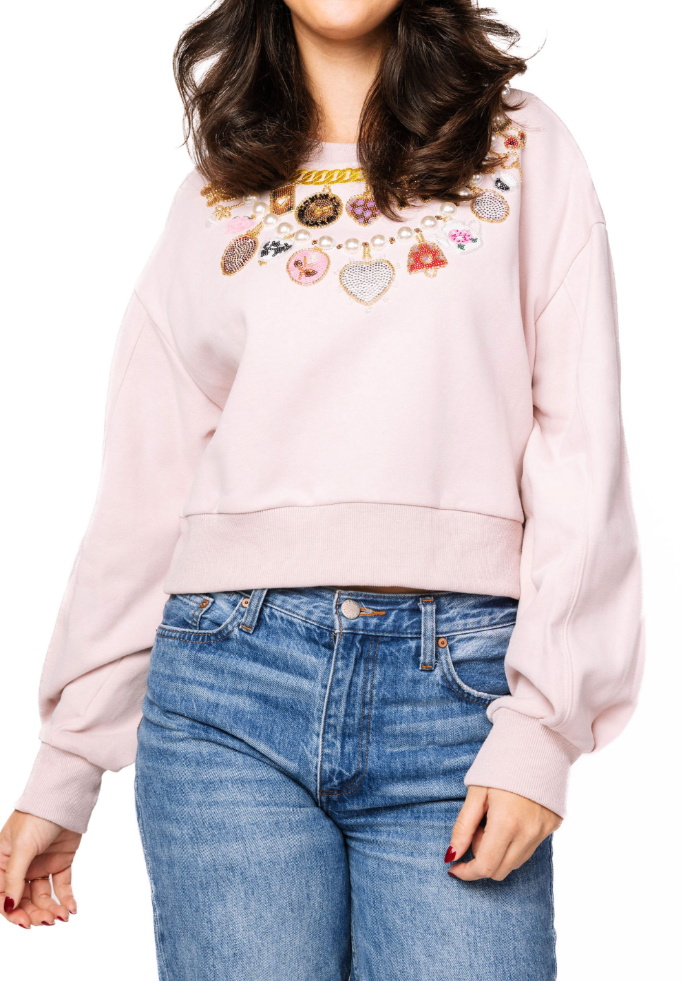 Queen of Sparkles Pale Pink Pearl & Chain V-Day Charm Necklace Sweatshirt