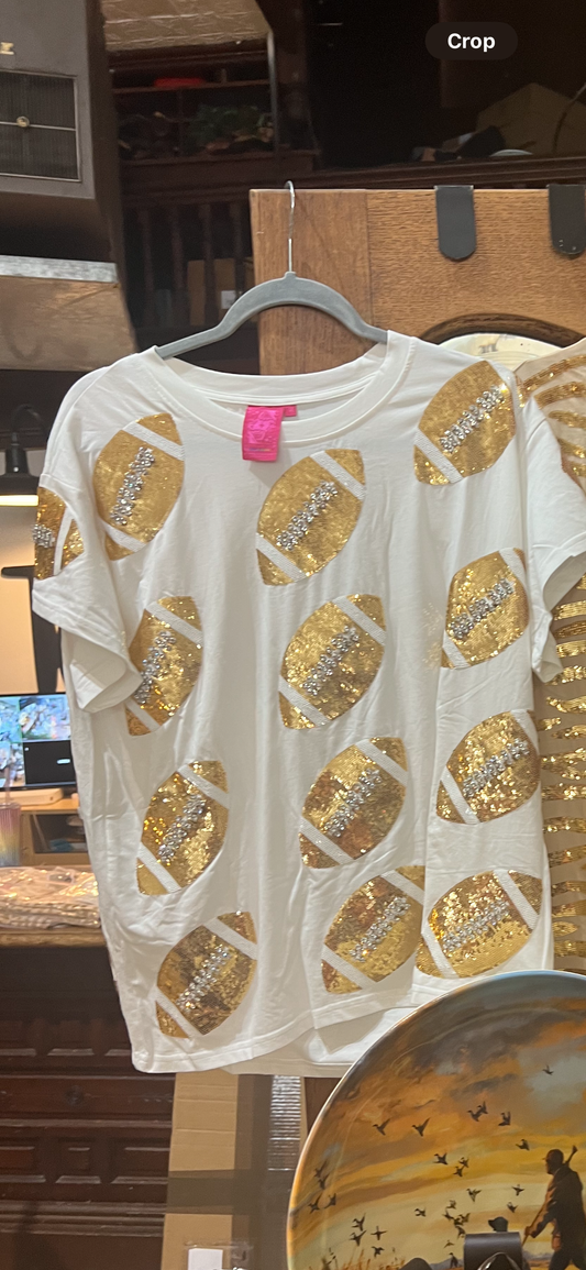 Queen of Sparkles White & Gold Rhinestone Football Tee