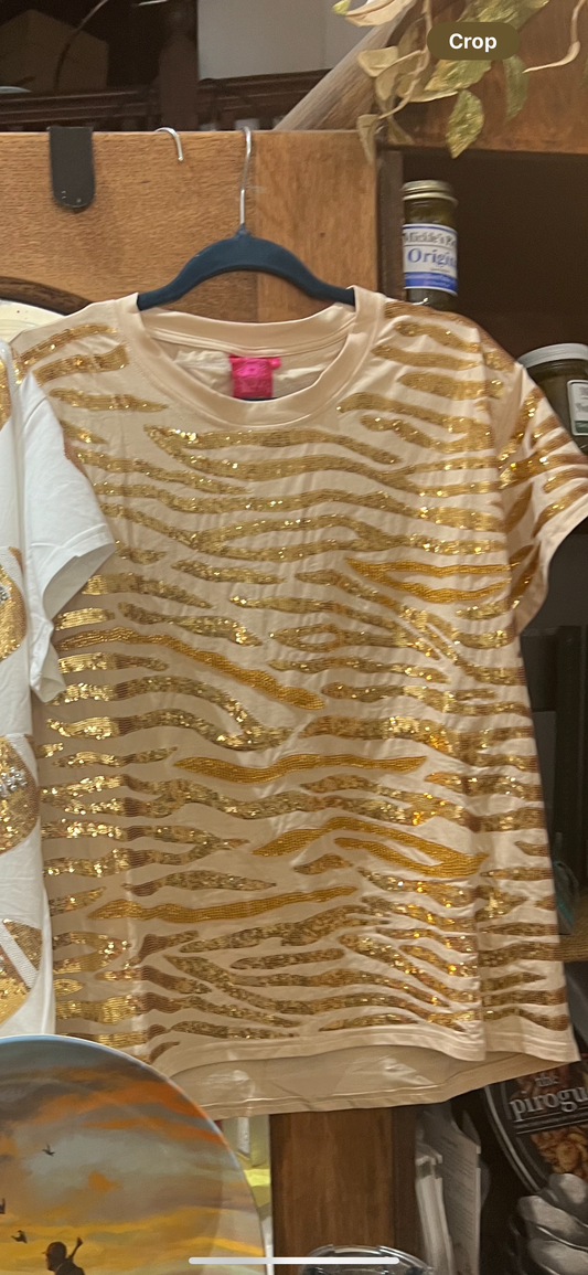 Queen of Sparkles Beige & Gold Bead & Sequin Tiger Stripe Tee