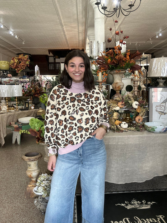Queen of Sparkles Ivory Leopard Mock Neck Sweatshirt With Light Pink Trim