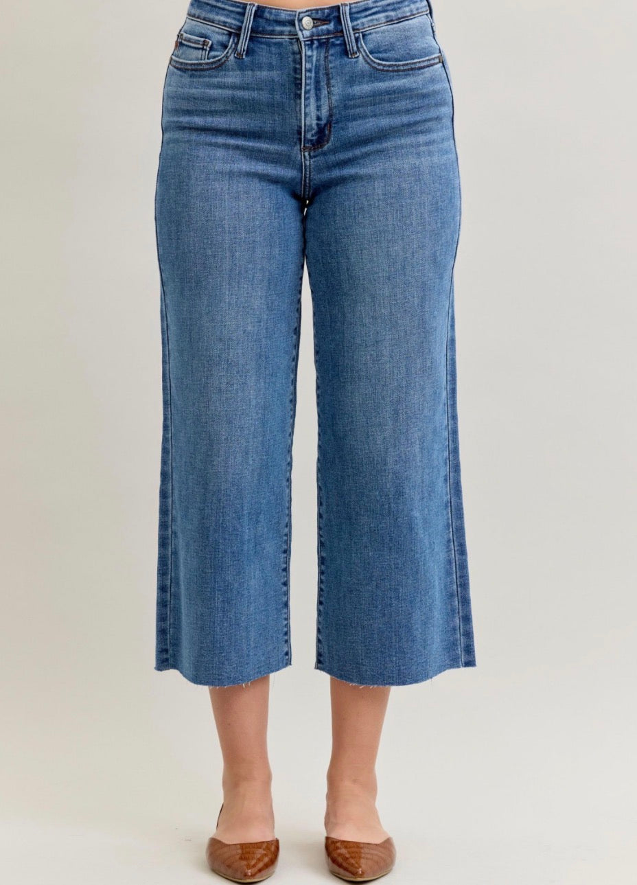 Judy Blue High Waist Wide Crop Classic Raw Hem Medium Wash JB82684