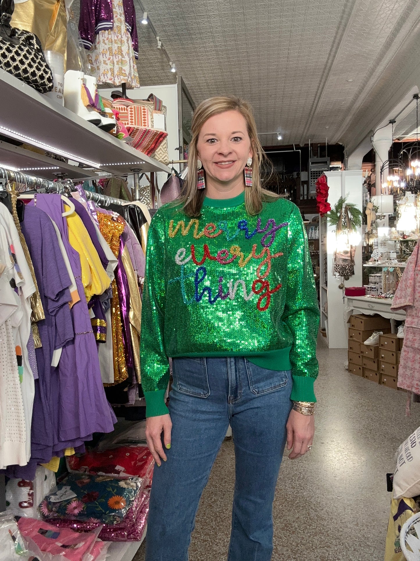 Queen of Sparkles-GREEN FULL SEQUIN MERRY EVERYTHING SWEATER