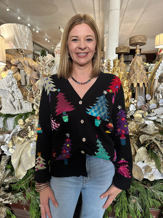 Queen of Sparkles Black Colorblock Trees Cardigan