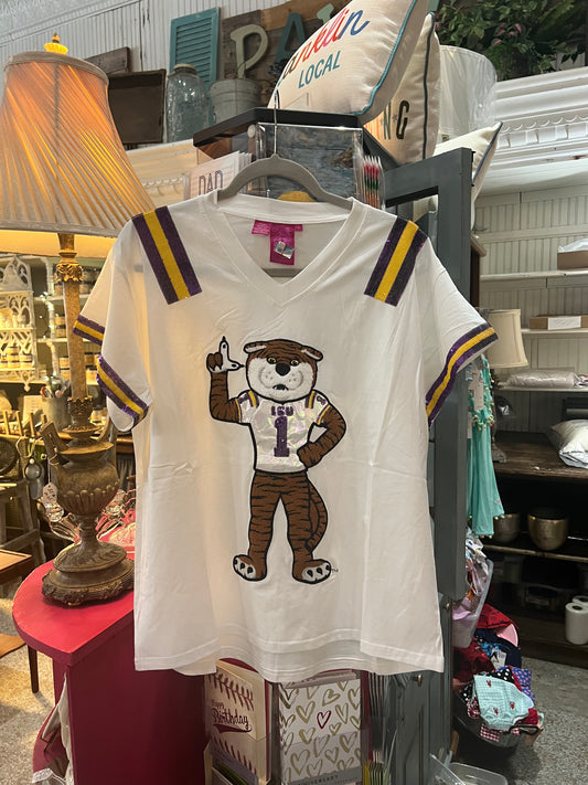 Queen of Sparkles Licensed White, Purple, & Gold LSU Tiger Jersey Tee