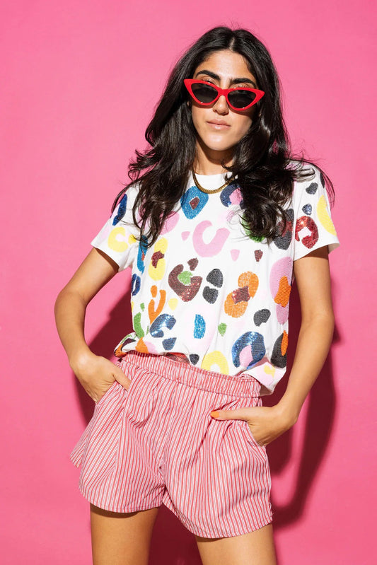 Queen of Sparkles White Multi Leopard Tee