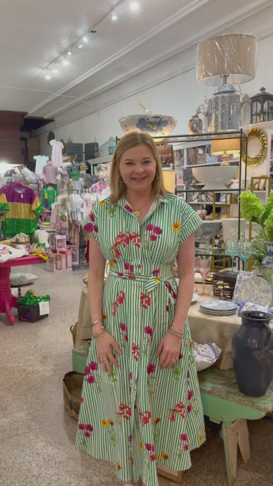 Kelly Green Striped Floral Midi