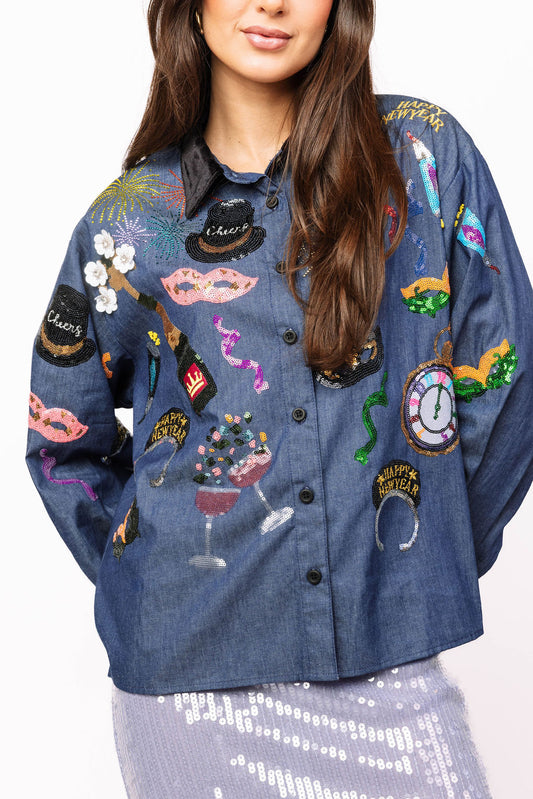 Queen of Sparkles Denim NYE Icon Button Up Top With Black Velvet Collar