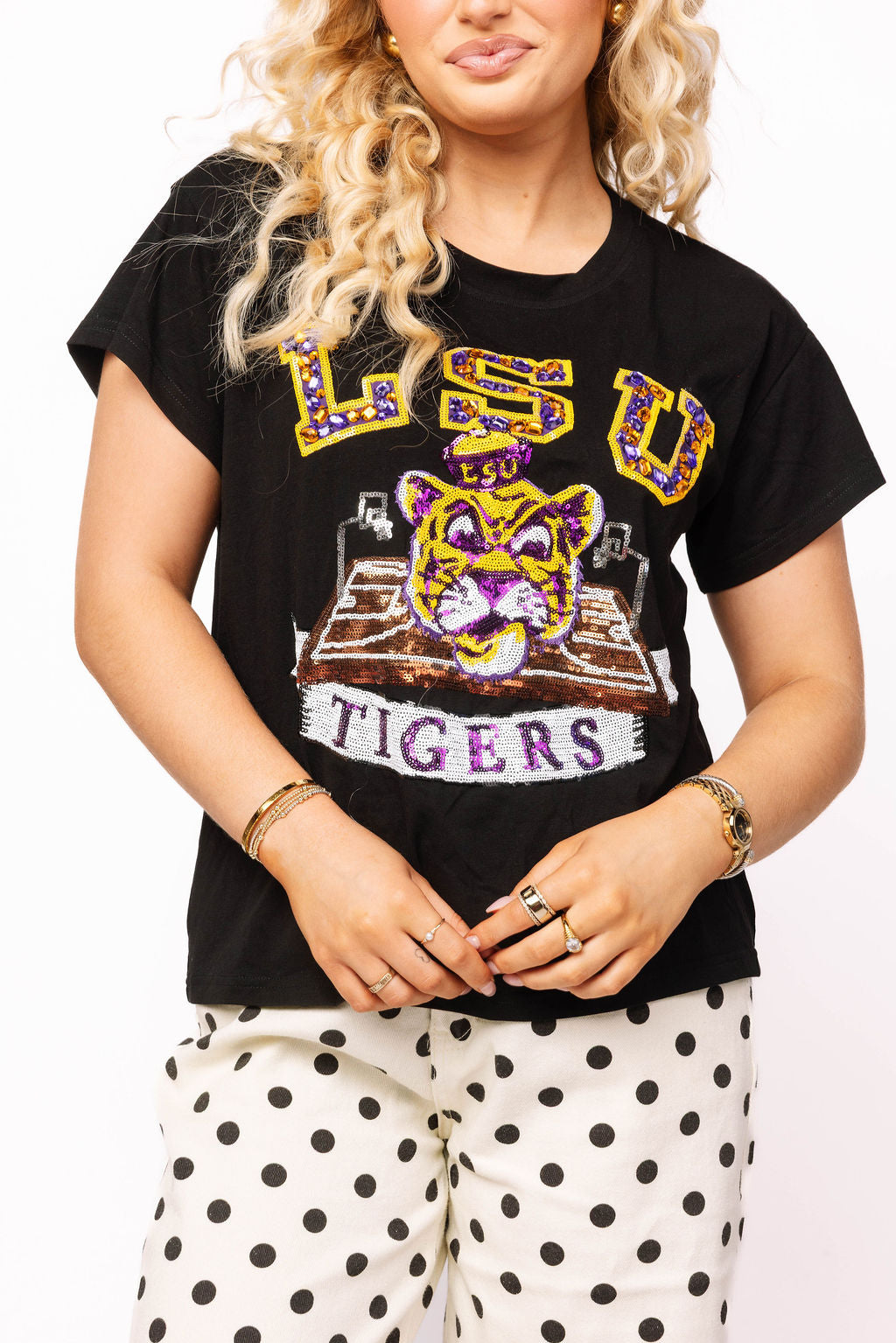Queen of Sparkles Licensed-Black LSU Basketball Court Tee