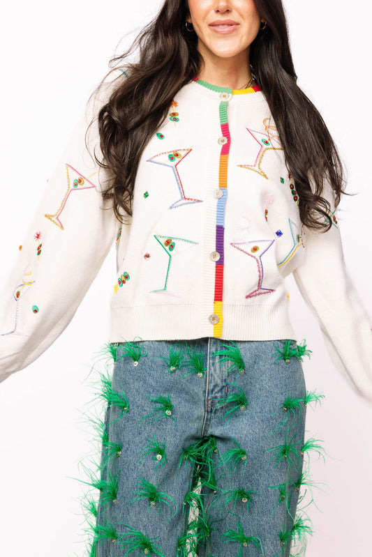 Queen of Sparkles White Multi Cosmo & Martini Button Up Cardigan With Rainbow Trim