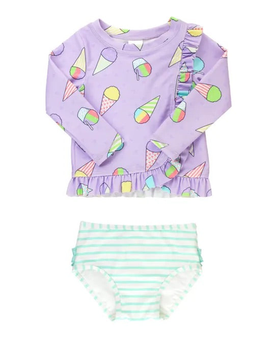 Ruffle Butts Snow Cones Ruffled Long Sleeve Rash Guard 2 Piece