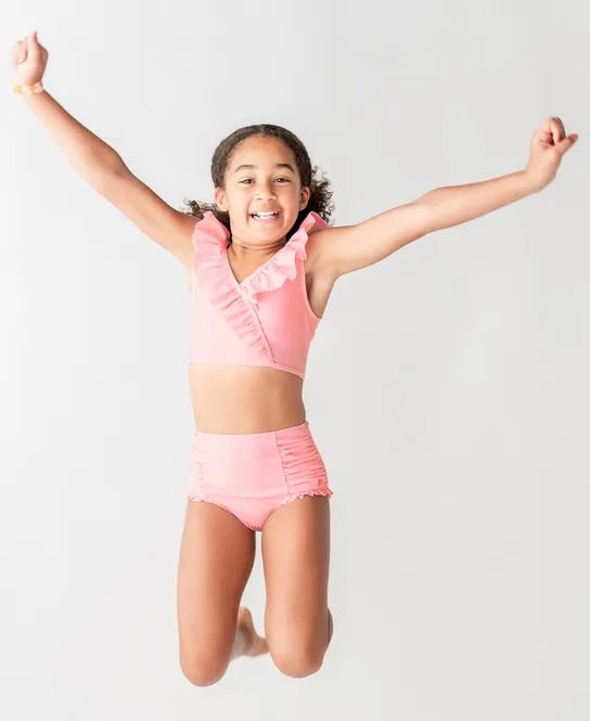 Ruffle Butts Pink Seersucker Tween Ruffle V-Neck Bikini