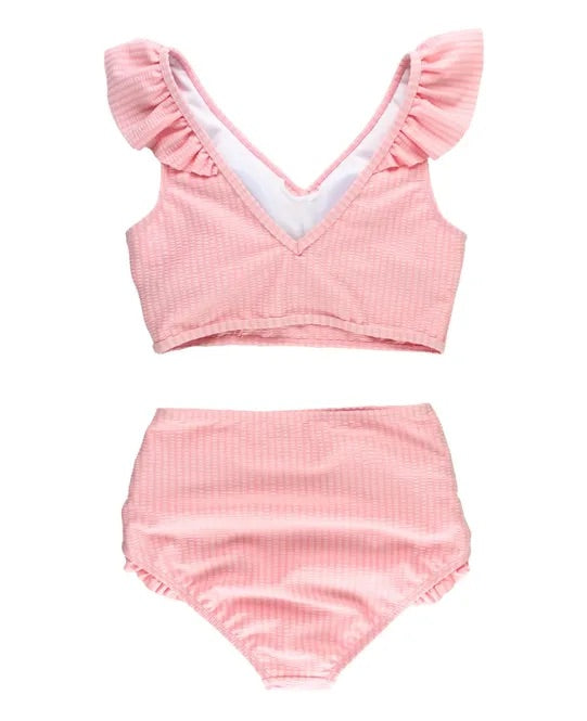 Ruffle Butts Pink Seersucker Tween Ruffle V-Neck Bikini