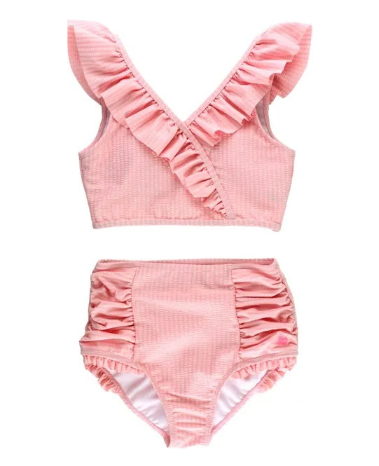 Ruffle Butts Pink Seersucker Tween Ruffle V-Neck Bikini